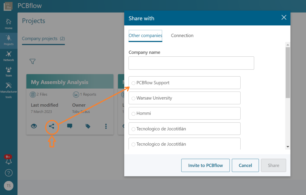 Share project with pcbflow support team